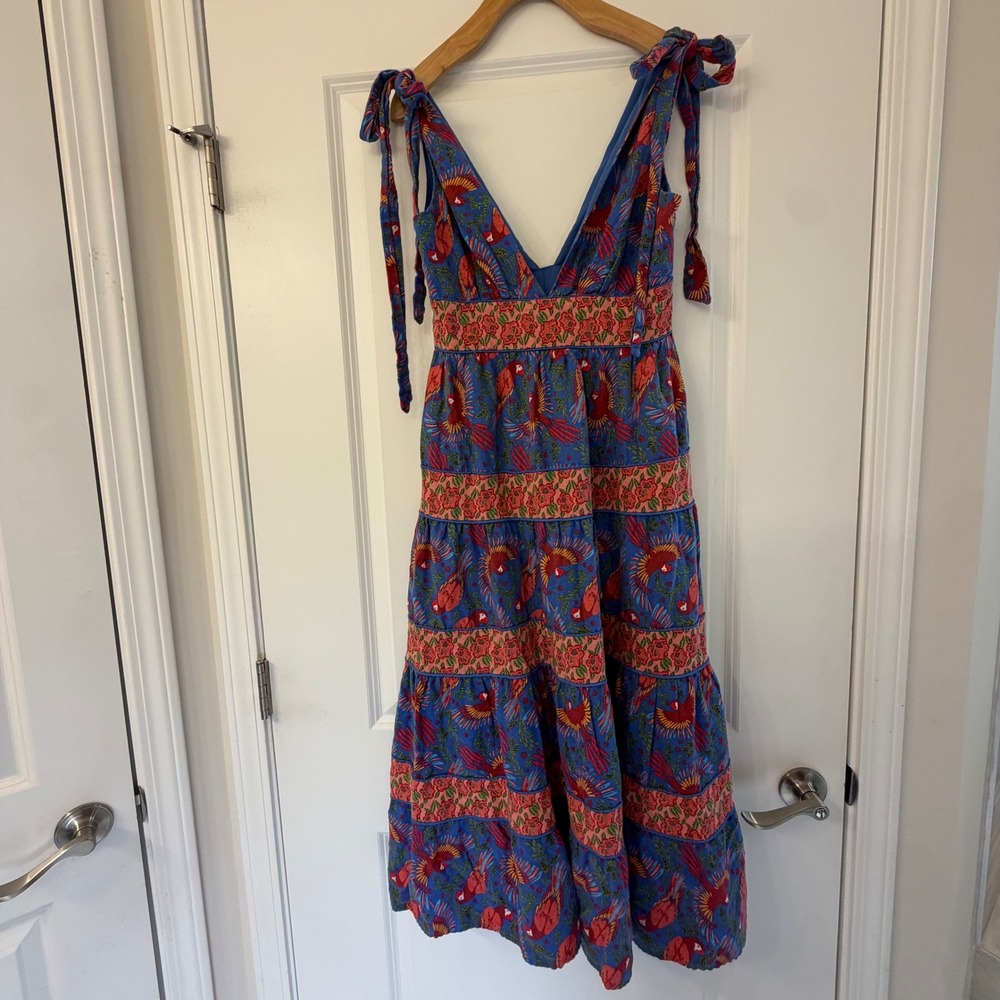 House of Harlow 1960 Blue Parrot Print Tiered Linen Blend Midi Dress Small - Picture 2 of 9